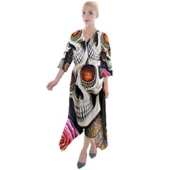 Sugar Skull Quarter Sleeve Wrap Front Maxi Dress by GardenOfOphir