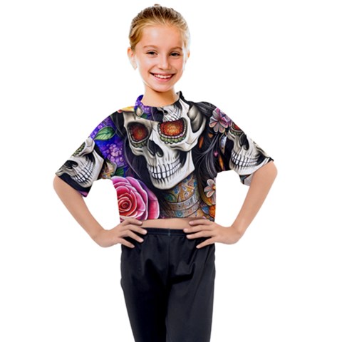 Sugar Skull Kids Mock Neck Tee by GardenOfOphir