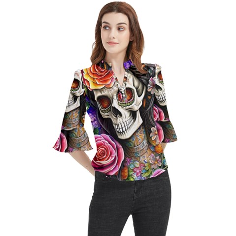 Sugar Skull Loose Horn Sleeve Chiffon Blouse by GardenOfOphir