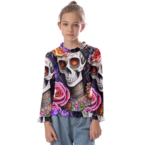 Sugar Skull Kids  Frill Detail Tee by GardenOfOphir