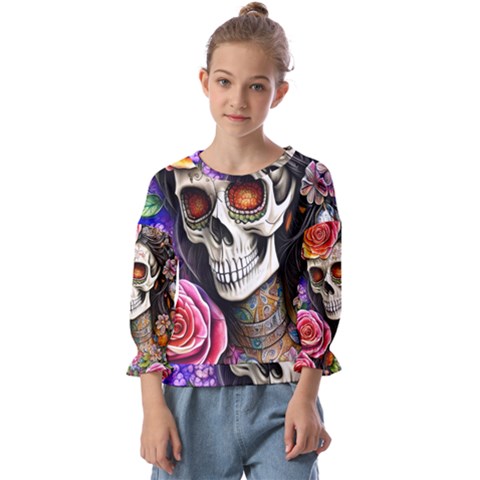 Sugar Skull Kids  Cuff Sleeve Top by GardenOfOphir