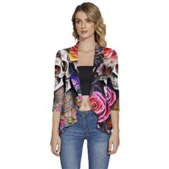 Sugar Skull Women s 3/4 Sleeve Ruffle Edge Open Front Jacket by GardenOfOphir