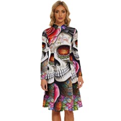 Sugar Skull Long Sleeve Shirt Collar A-line Dress by GardenOfOphir