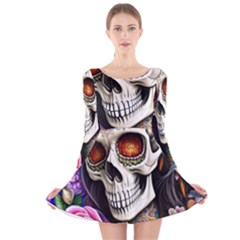 Sugar Skull Long Sleeve Velvet Skater Dress