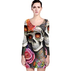 Sugar Skull Long Sleeve Velvet Bodycon Dress