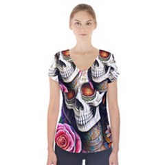 Sugar Skull Short Sleeve Front Detail Top by GardenOfOphir