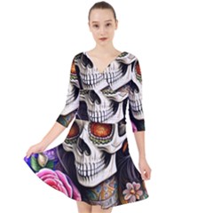 Sugar Skull Quarter Sleeve Front Wrap Dress by GardenOfOphir