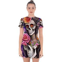 Sugar Skull Drop Hem Mini Chiffon Dress by GardenOfOphir