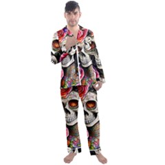 Sugar Skull Men s Long Sleeve Satin Pajamas Set by GardenOfOphir