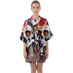 Sugar Skull Half Sleeve Satin Kimono  by GardenOfOphir