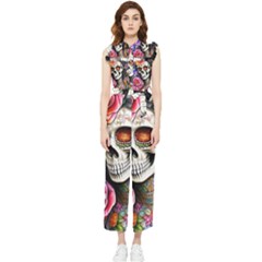 Sugar Skull Women s Frill Top Chiffon Jumpsuit by GardenOfOphir