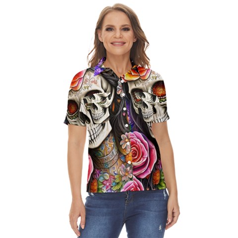 Sugar Skull Women s Short Sleeve Double Pocket Shirt by GardenOfOphir