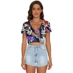 Sugar Skull V-neck Crop Top by GardenOfOphir