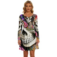 Sugar Skull Long Sleeve Wide Neck Velvet Dress by GardenOfOphir