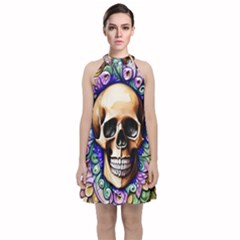 Gothic Skull Velvet Halter Neckline Dress 