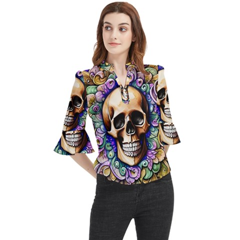 Gothic Skull Loose Horn Sleeve Chiffon Blouse by GardenOfOphir