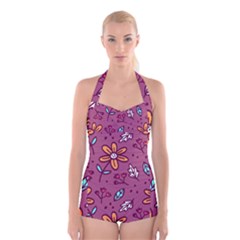 Flowers Petals Leaves Foliage Boyleg Halter Swimsuit  by Ravend