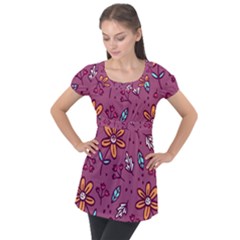 Flowers Petals Leaves Foliage Puff Sleeve Tunic Top by Ravend