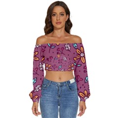 Flowers Petals Leaves Foliage Long Sleeve Crinkled Weave Crop Top