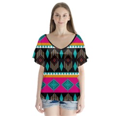 Abstract Art Pattern Design Vintage V-Neck Flutter Sleeve Top