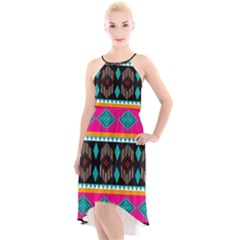 Abstract Art Pattern Design Vintage High-Low Halter Chiffon Dress 