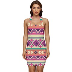 Unique Pattern Design Vintage Sleeveless Wide Square Neckline Ruched Bodycon Dress by Ravend