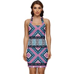 Pink Pattern Design Vintage Sleeveless Wide Square Neckline Ruched Bodycon Dress by Ravend