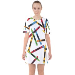 Crayons Color Pencils Stationary Sixties Short Sleeve Mini Dress by Ravend