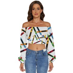 Crayons Color Pencils Stationary Long Sleeve Crinkled Weave Crop Top by Ravend