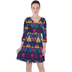 Pattern Colorful Aztec Quarter Sleeve Ruffle Waist Dress by Ravend