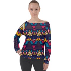 Pattern Colorful Aztec Off Shoulder Long Sleeve Velour Top by Ravend