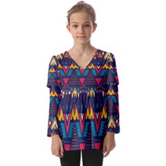 Pattern Colorful Aztec Kids  V Neck Casual Top by Ravend