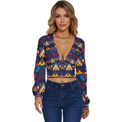 Pattern Colorful Aztec Long Sleeve Deep-v Velour Top by Ravend