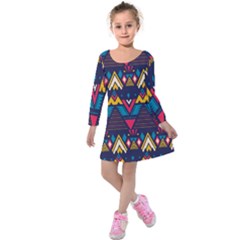 Pattern Colorful Aztec Kids  Long Sleeve Velvet Dress