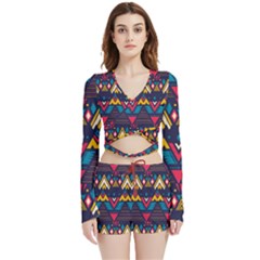 Pattern Colorful Aztec Velvet Wrap Crop Top And Shorts Set by Ravend