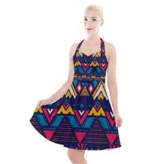 Pattern Colorful Aztec Halter Party Swing Dress  by Ravend