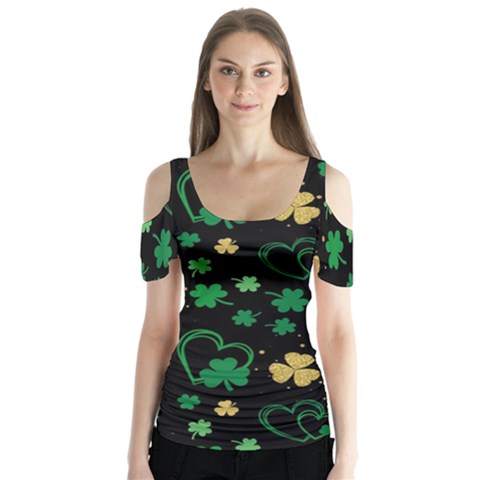 Clovers Flowers Clover Pat Butterfly Sleeve Cutout Tee  by Ravend