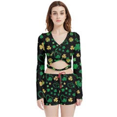 Clovers Flowers Clover Pat Velvet Wrap Crop Top And Shorts Set by Ravend