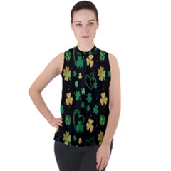 Clovers Flowers Clover Pat Mock Neck Chiffon Sleeveless Top by Ravend