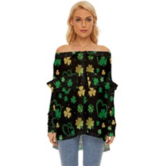 Clovers Flowers Clover Pat Off Shoulder Chiffon Pocket Shirt by Ravend