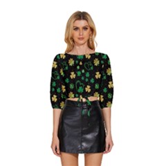 Clovers Flowers Clover Pat Mid Sleeve Drawstring Hem Top by Ravend