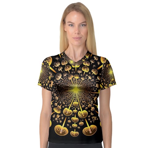 Mushroom Fungus Gold Psychedelic V-neck Sport Mesh Tee by Ravend