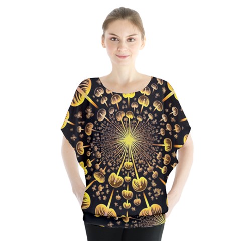 Mushroom Fungus Gold Psychedelic Batwing Chiffon Blouse by Ravend