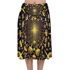 Mushroom Fungus Gold Psychedelic Velvet Flared Midi Skirt by Ravend