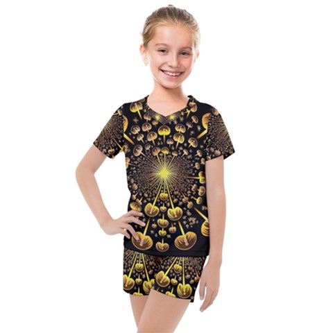 Mushroom Fungus Gold Psychedelic Kids  Mesh Tee And Shorts Set by Ravend