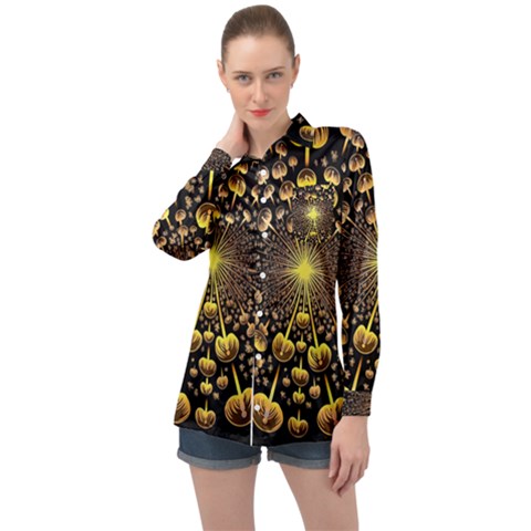 Mushroom Fungus Gold Psychedelic Long Sleeve Satin Shirt by Ravend