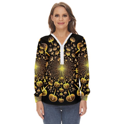 Mushroom Fungus Gold Psychedelic Zip Up Long Sleeve Blouse by Ravend