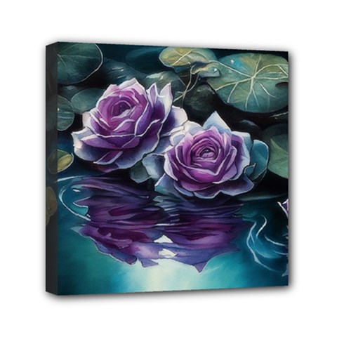 Roses Water Lilies Watercolor Mini Canvas 6  X 6  (stretched) by Ravend