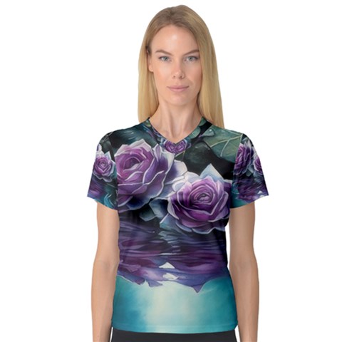 Roses Water Lilies Watercolor V-neck Sport Mesh Tee by Ravend