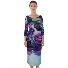 Roses Water Lilies Watercolor Quarter Sleeve Midi Bodycon Dress by Ravend